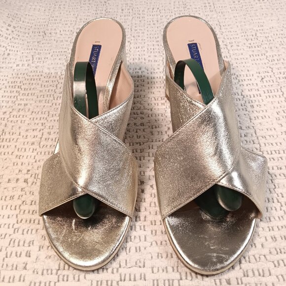 Stuart Weitzman women's 'Galene' gold metallic leather open toe heel sandals 7.5 - Picture 3 of 15